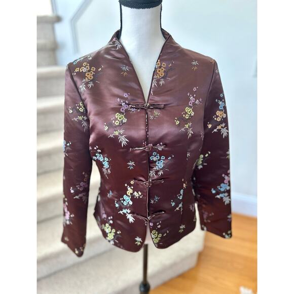 Vintage Brown Satin & Pastel Floral Chinese Blazer Jacket - Picture 1 of 8